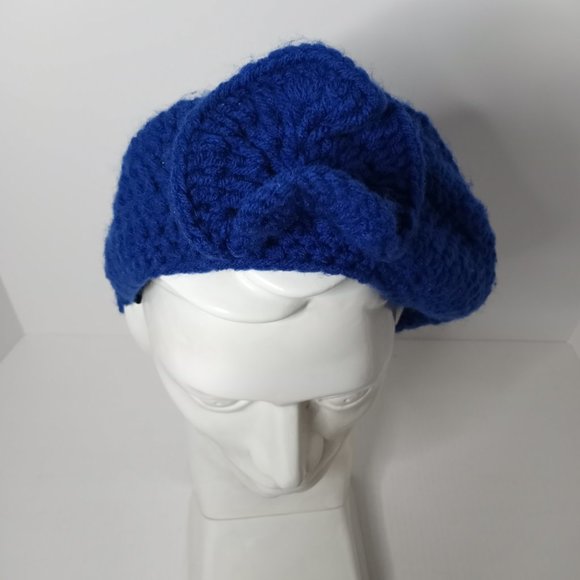 Handmade Floral Crochet Knit Hat w/Flower Blue Women's 9" Round - Picture 3 of 4